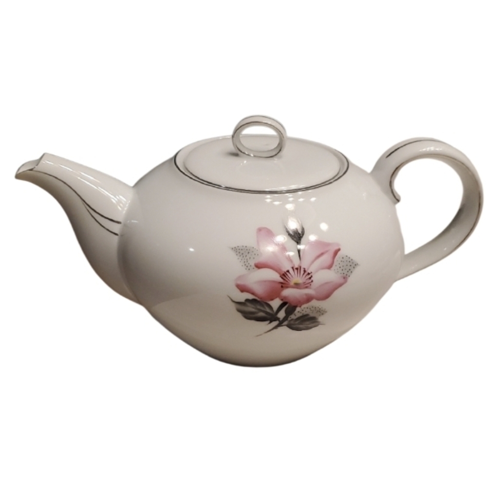 Gold China White Teapot With Pink Flowers And Silver Edges Nagoya Shokai T-1116